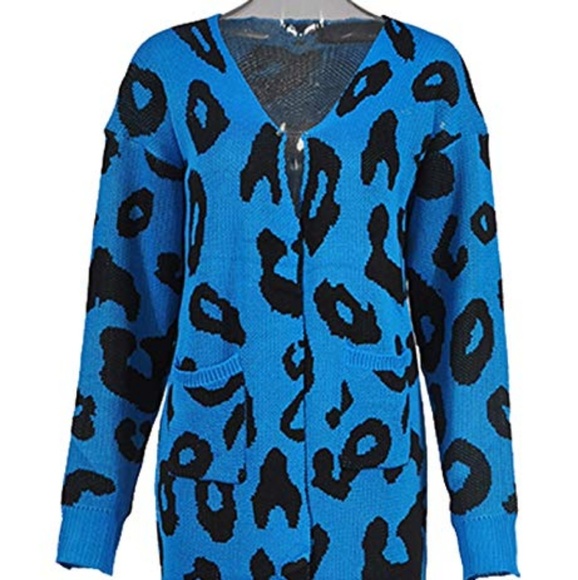 NEW! Blue Leopard Print Long Cardigan Sweater - Picture 8 of 8